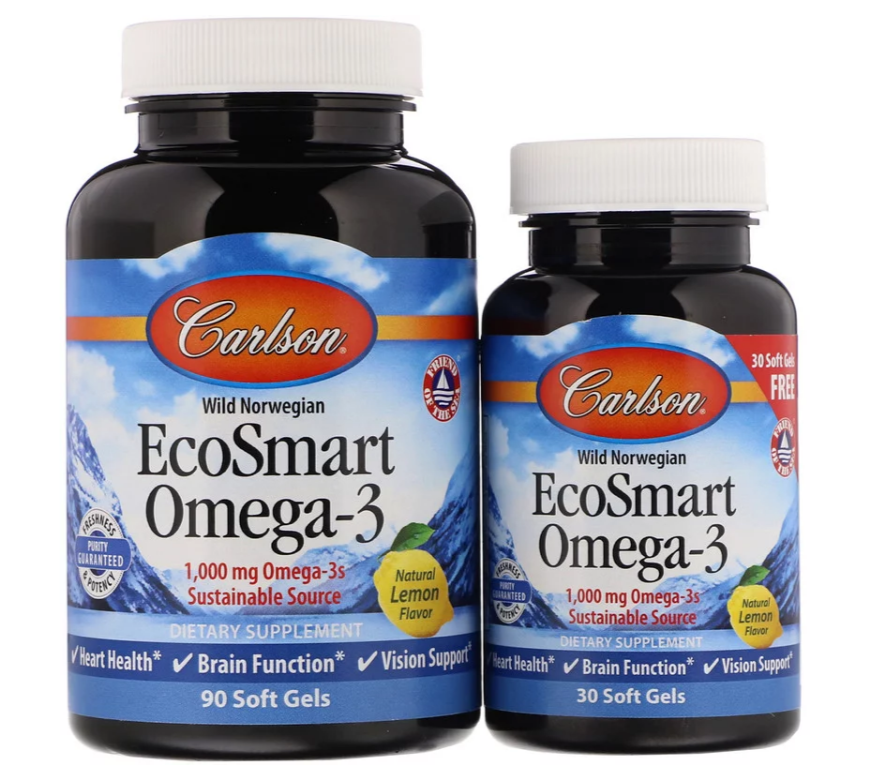 Carlson, EcoSmart Omega-3, натуральный ароматизатор «Лимон», 1000 мг, 90 + 30 желатиновых капсул