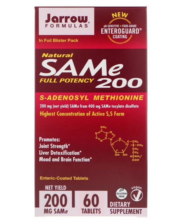 Jarrow Formulas, Натуральный SAM-e (S-Аденозил-L-метионин) 200, 200 мг, 60 таблеток, покрытых желудочно-резист