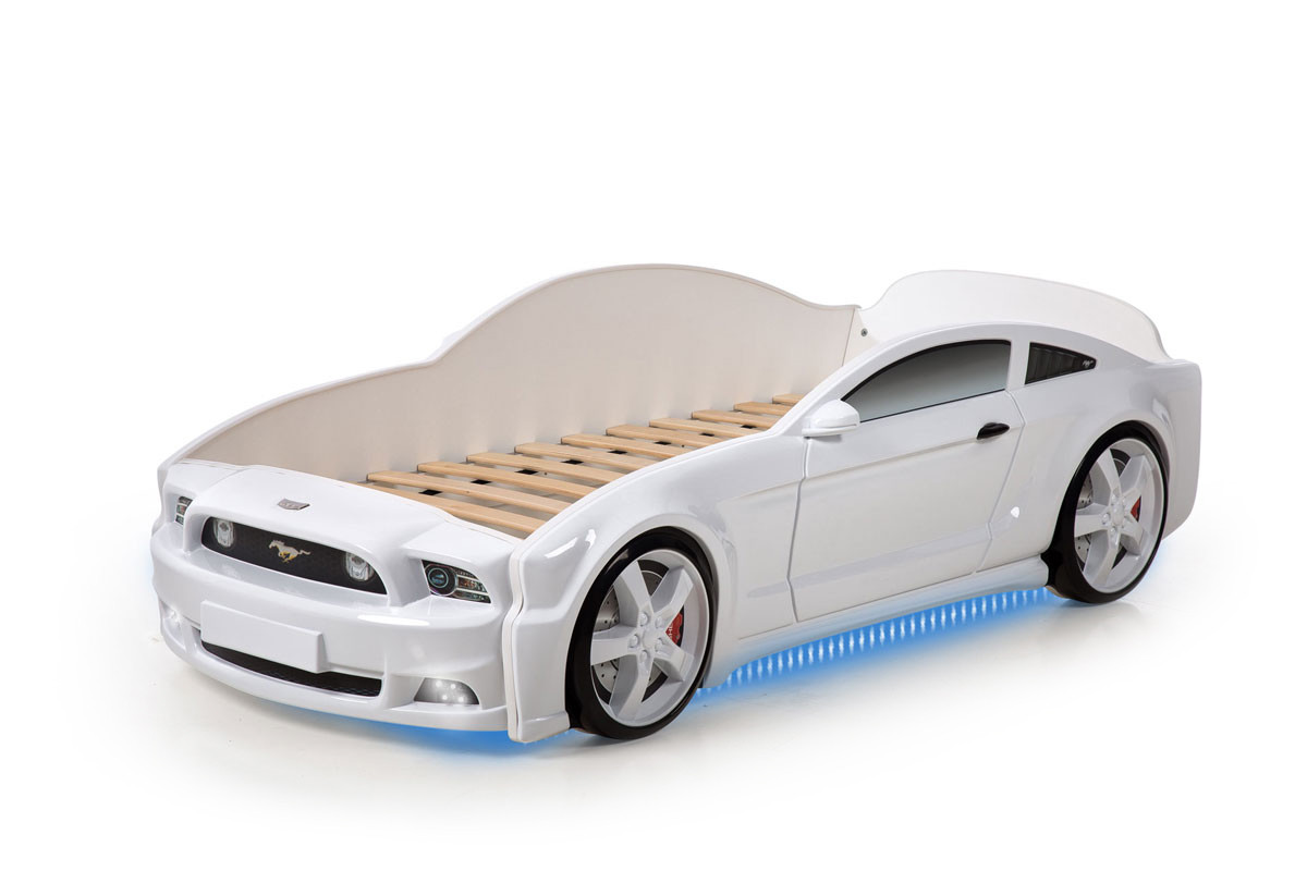 Кровать-машина "Мустанг" 3D (объемная пластиковая) белая с матрасом, подсветкой фар - фото 2 - id-p48419549