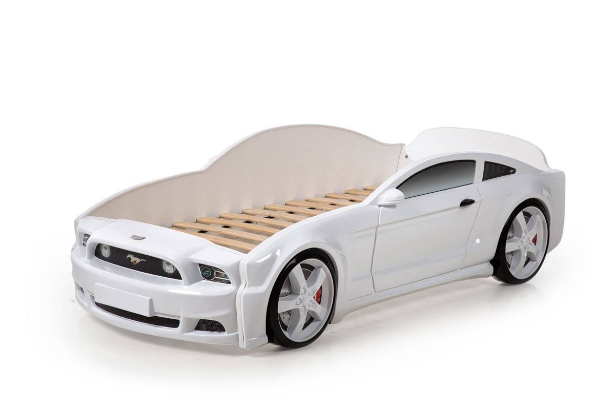 Кровать-машина "Мустанг" 3D (объемная пластиковая) белая с матрасом, подсветкой фар - фото 3 - id-p48419549