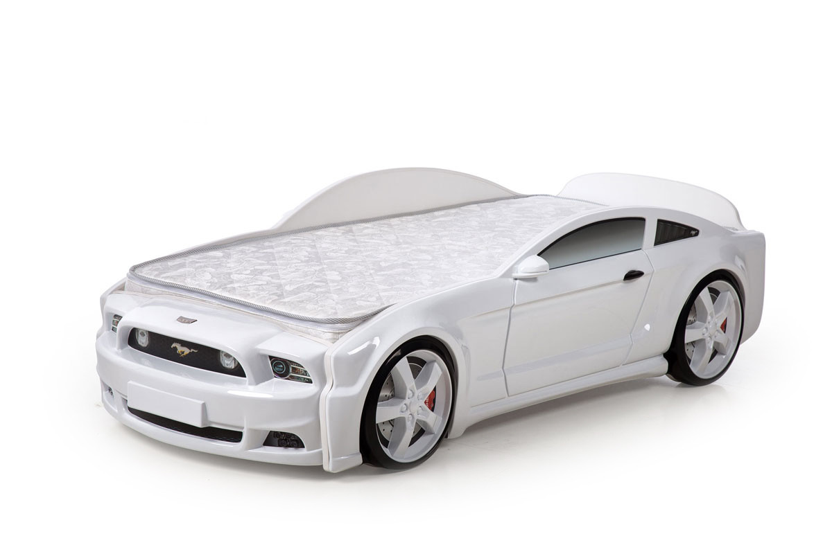Кровать-машина "Мустанг" 3D (объемная пластиковая) белая с матрасом, подсветкой фар