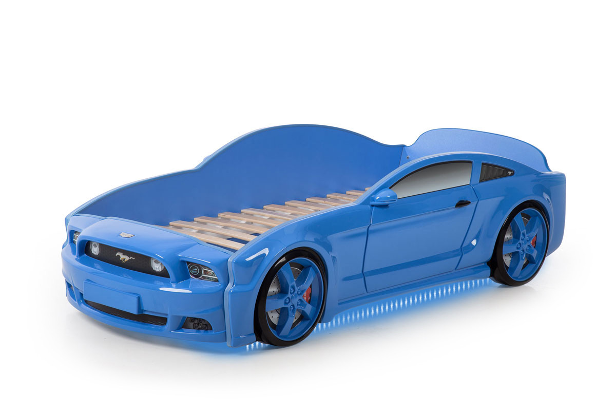 Кровать-машина "Мустанг" 3D (объемная пластиковая) синяя с матрасом и подсветкой фар - фото 3 - id-p48419726