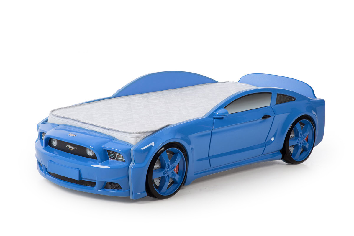 Кровать-машина "Мустанг" 3D (объемная пластиковая) синяя с матрасом