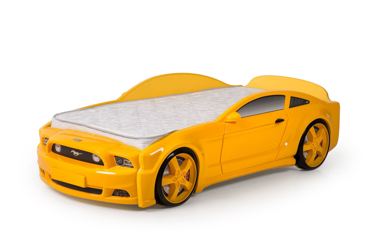 Кровать-машина "Мустанг" 3D (объемная пластиковая) желтая с матрасом