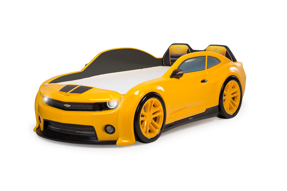 Кровать-машинка  (3d) EVO "Camaro" с п/ механизмом желтый(матрас, подсветка фар, подсветка дна, мягкая спинка)