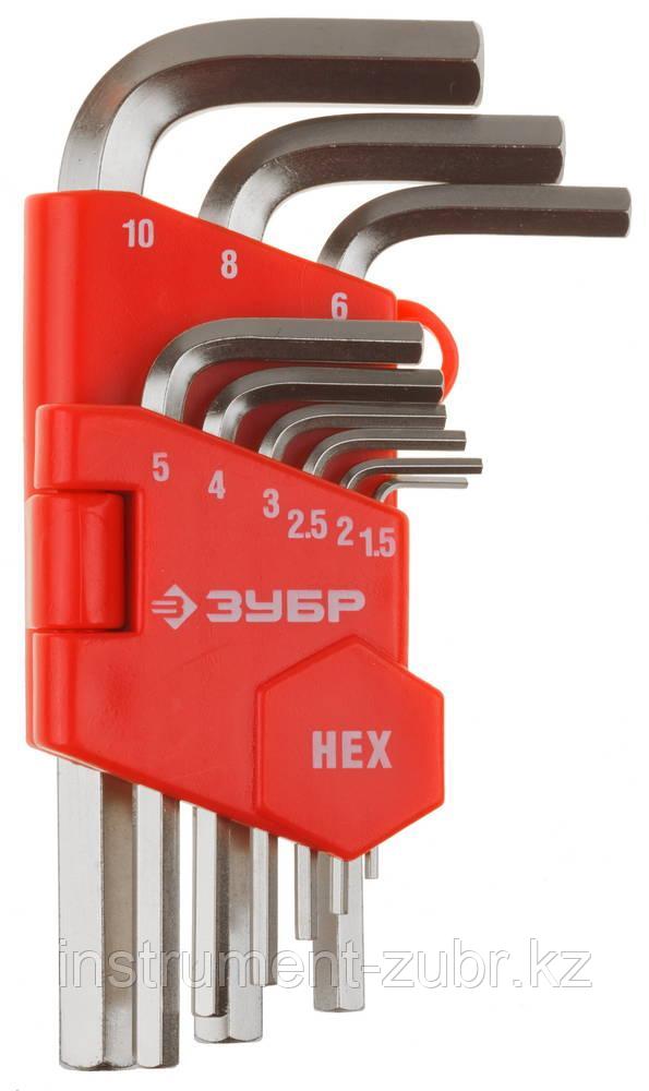 Набор ЗУБР Ключи имбусовые короткие, Cr-V, сатинированное покрытие, пластик. держатель, HEX 1,5-10мм, 9 пред