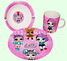Набор детской посуды Dinner Set 3 Куклы LOL чашка тарелка кружка (розовый с сердечками)