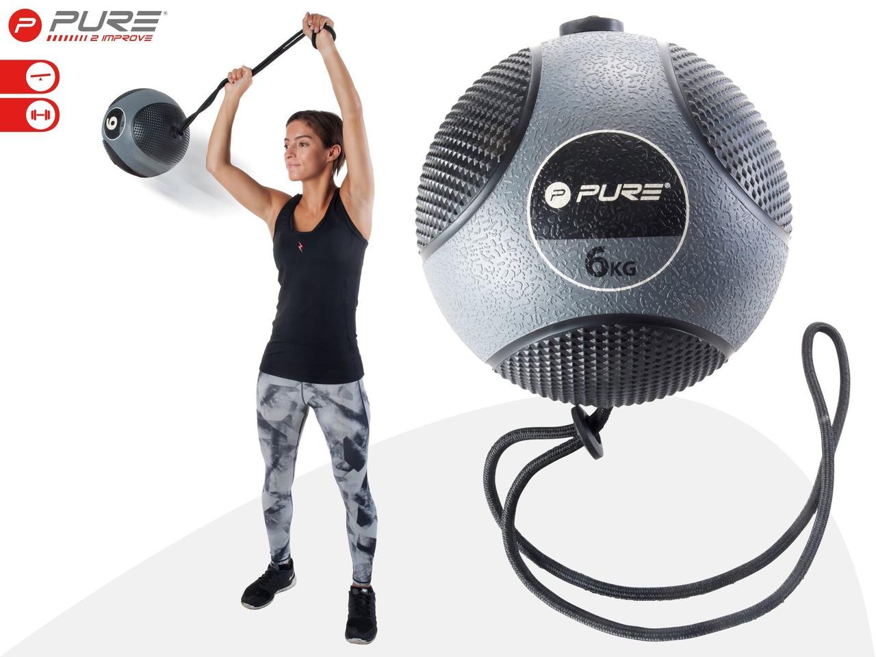 Медицинбол на веревке PURE2IMPROVE MEDICINE BALL WITH ROPE 6 кг - фото 1 - id-p73534727