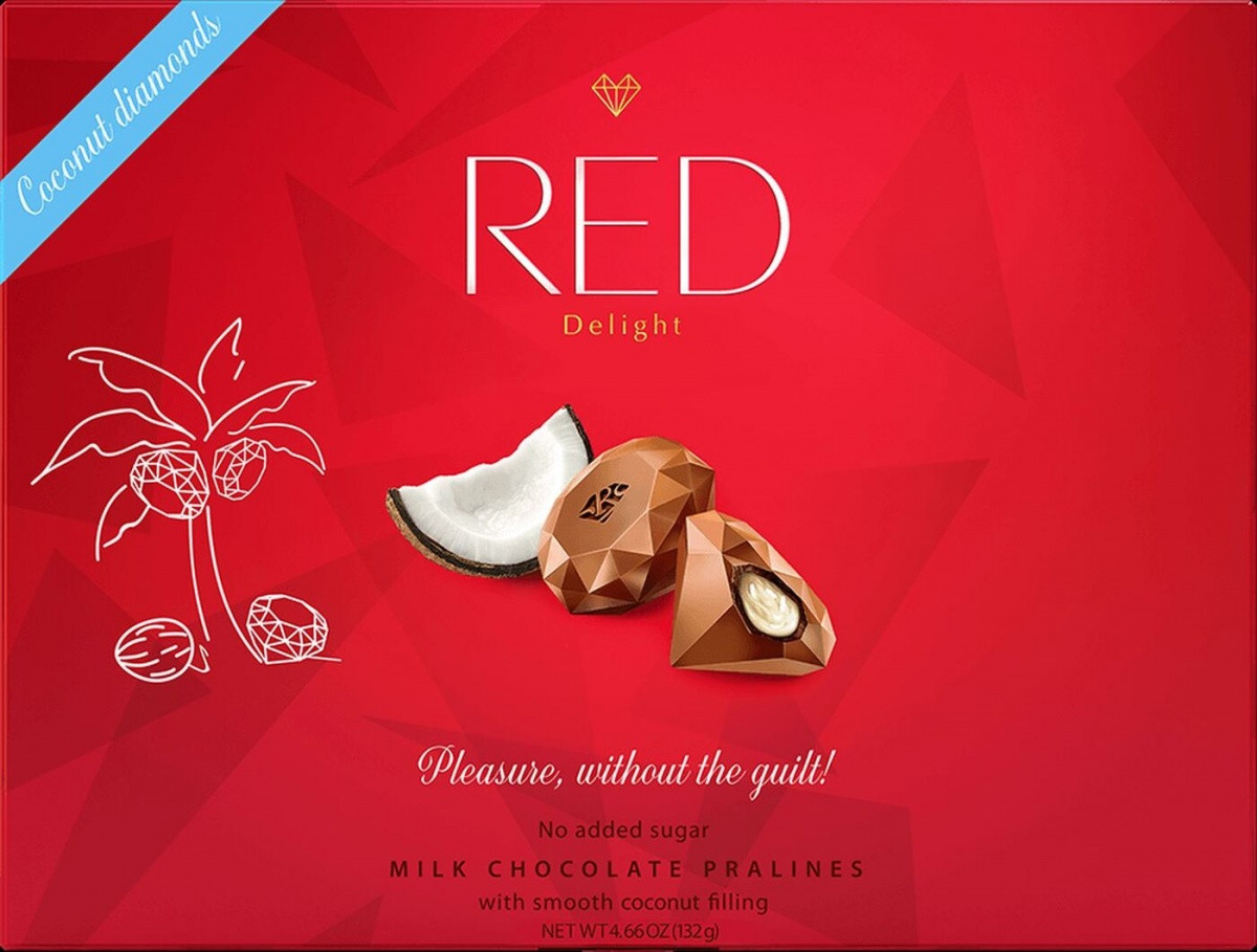 Коробка конфет "RED Delight" из молочного шоколада с кокосовой начинкой со сниженной калорийностью