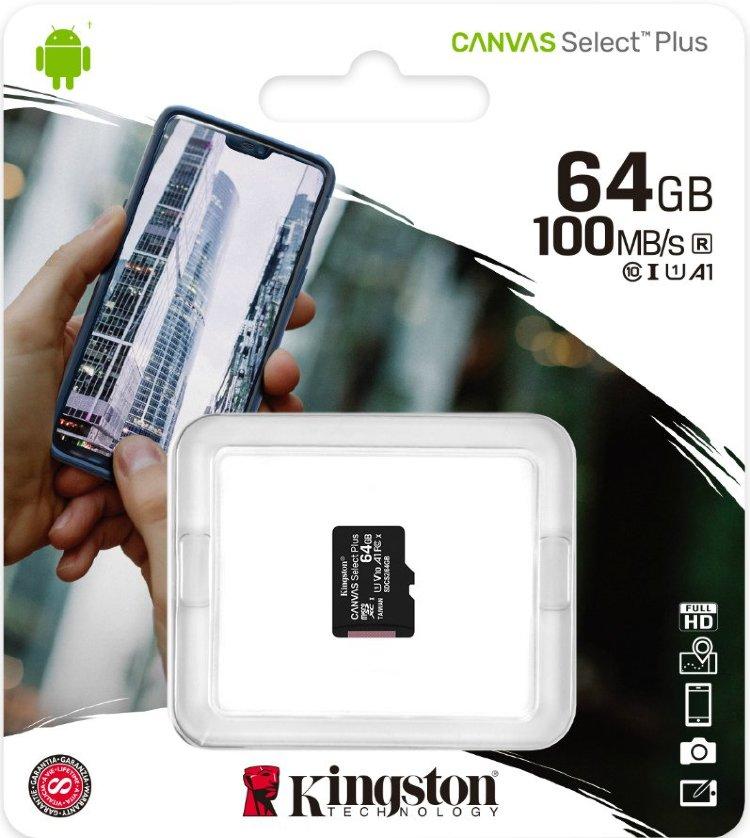 Карта памяти Kingston 64GB microSDXC Canvas Select Plus 100R A1 C10 Single Pack w/o Adapter, SDCS2/64GBSP - фото 1 - id-p72997640