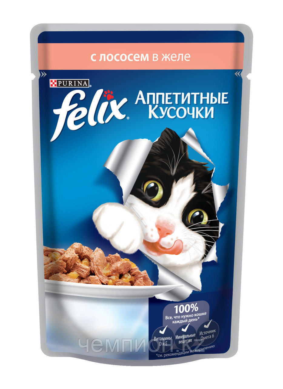 Felix, Феликс кусочки с лососем в желе для кошек, пауч*85гр