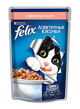 Felix, Феликс кусочки с лососем в желе для кошек, пауч*75гр