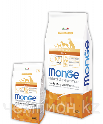 1136 Monge SpecialityLine AllBreeds Adult Duck, Монже сухой корм для собак с уткой, рисом, картофелем, уп.12кг