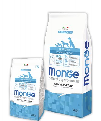 1167 Monge Line All Breeds Adult Hypoallergenic Salmone&Tuna. Монже сухой корм для собак, лосось, тунец, 2,5кг - фото 1 - id-p74177611