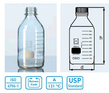 Бутыль для химреактивов с пластмассовой завинчивающейся крышкой d-45 мм, со шкалой (250 мл) с пластик. покрытием (Duran)