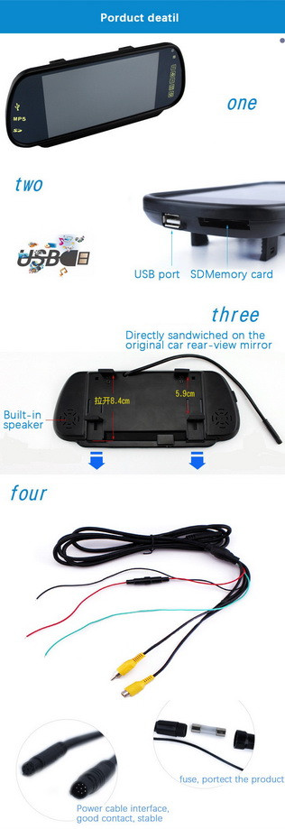 Зеркало заднего вида 7 монитор + USB + SD + Bluetooth с поддержкой камеры заднего вида, модель TS-837P5+BT - фото 7 - id-p74455891