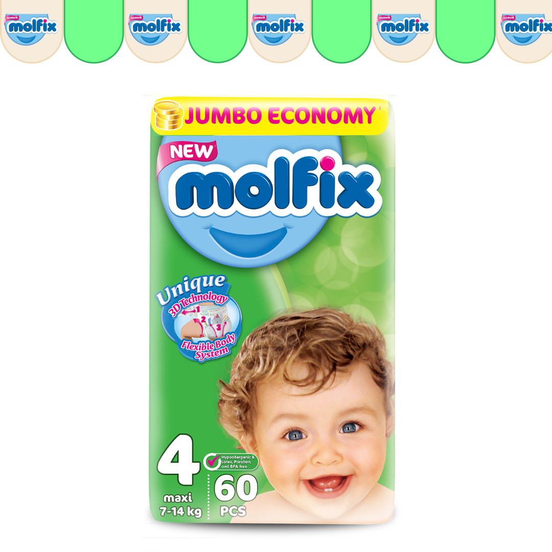 Подгузники детские Molfix №4 (7-14 кг), 60шт
