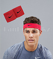 Спортивная повязка на голову, напульсники на руку красные с черным значком