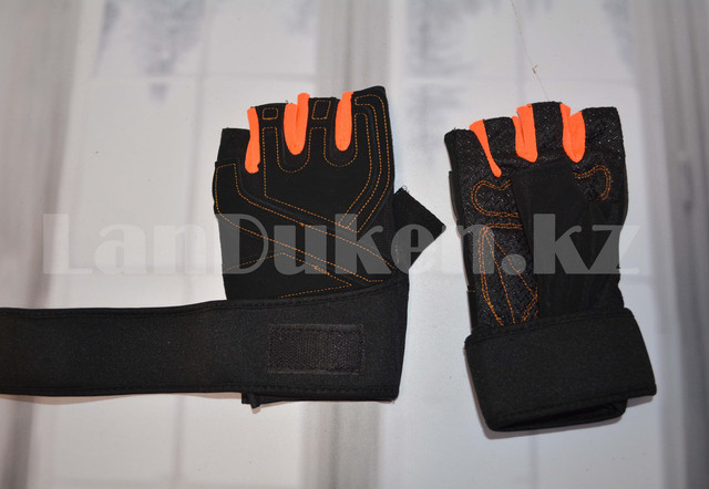 Perchatki dlya fitnesa i trenazherov, turnika (bez pal'cev) s kozhanymi vstavkami L cherno-oranzhevye