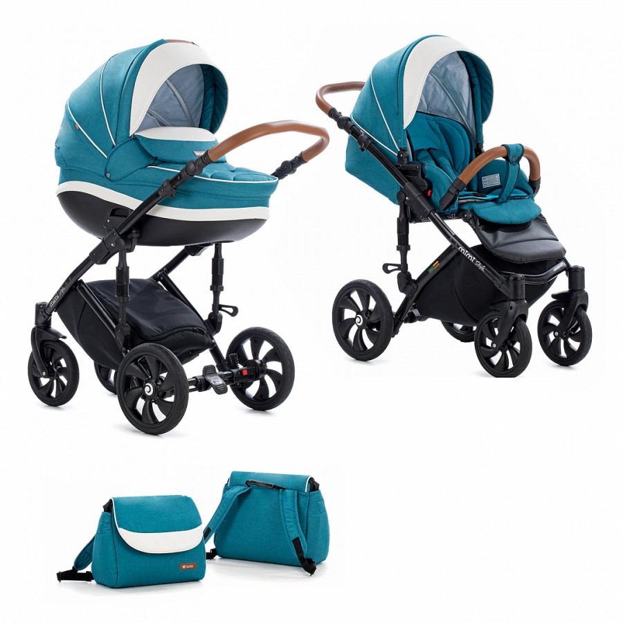 Детская коляска Tutis Mimi Style 2 в 1 Лен цвет Морской волны+ кожа Белая