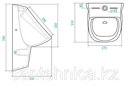 Писсуар настенный "Гала" Santek с креплением и горизонтальным сифоном Alca Plast A45B, фото 2