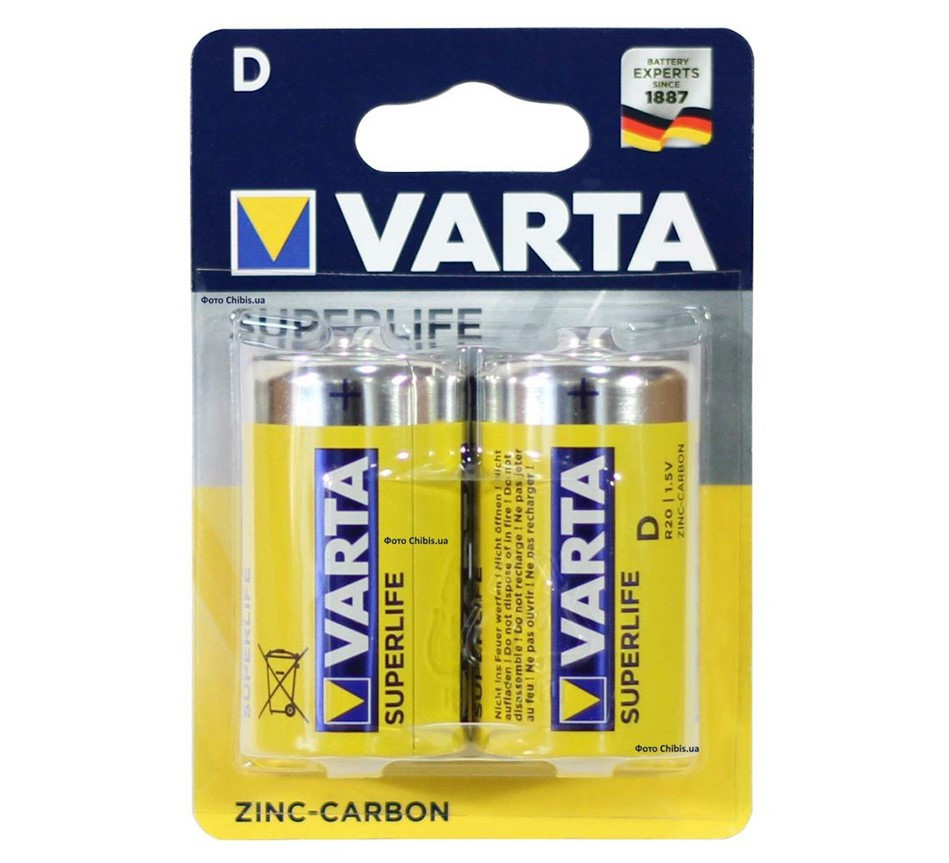 Батарейка VARTA R20P Superlife, D, 1.5 V, 2 шт., пленка - фото 1 - id-p73809836