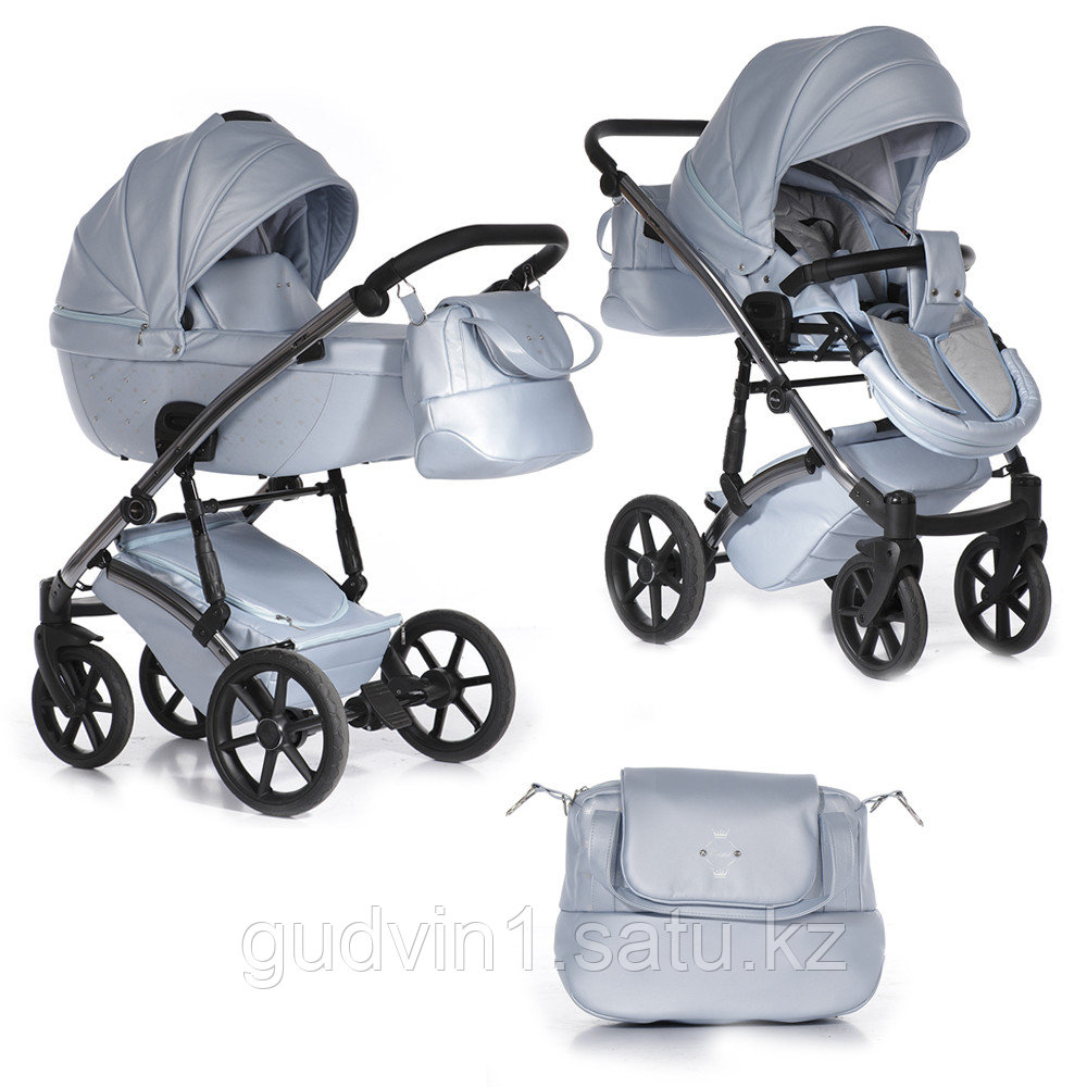 PITUSO Коляска 2 в1 CRISTAL короб+прогулка КОЖА Голубой Рама Silver 07