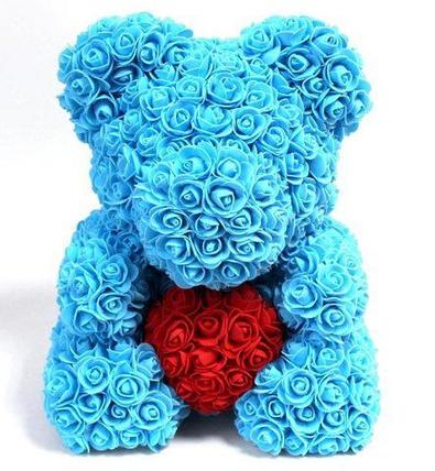 Мишка декоративный из роз с ленточкой в подарочной коробке [40 см] (Голубой), фото 2