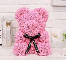 Мишка декоративный из роз с ленточкой в подарочной коробке [40 см] (Розовый)
