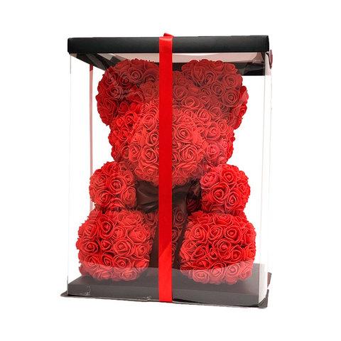 Мишка декоративный из роз с ленточкой в подарочной коробке [40 см] (Розовый) - фото 4 - id-p75223010