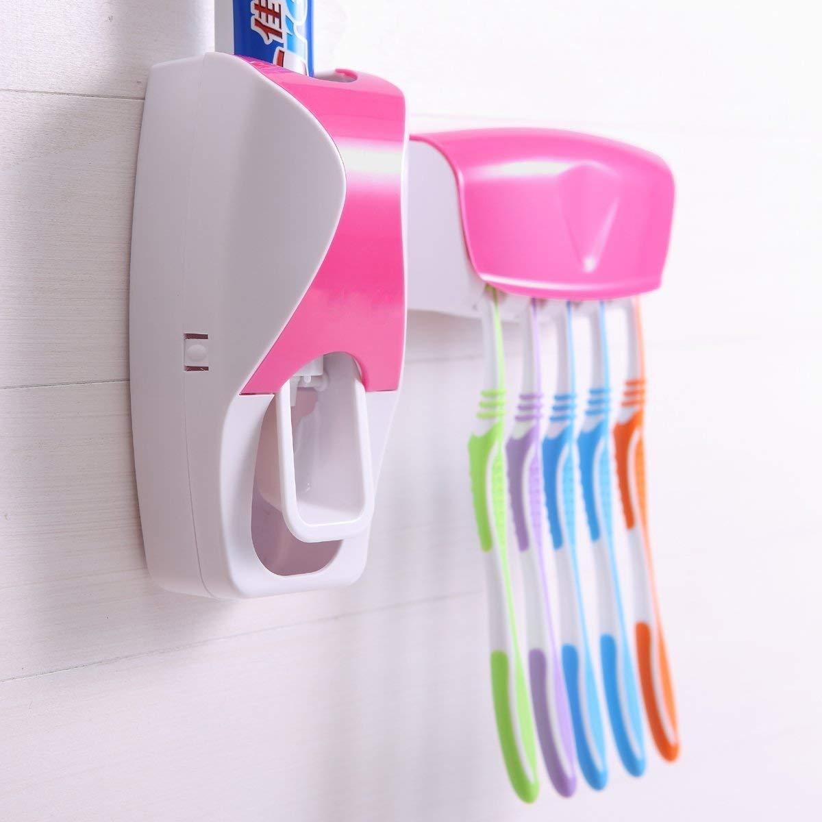 Дозатор для зубной пасты с держателем для щеток, цвет розовый + белый - фото 2 - id-p75232280
