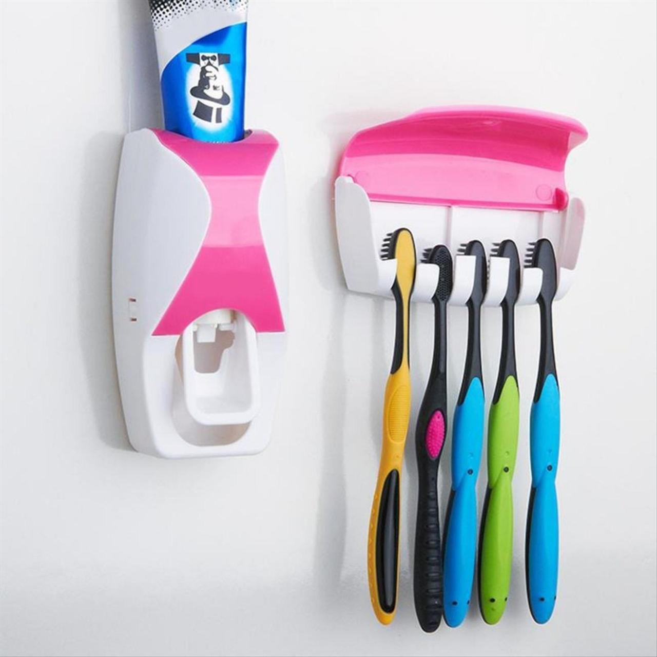 Дозатор для зубной пасты с держателем для щеток, цвет розовый + белый - фото 3 - id-p75232280