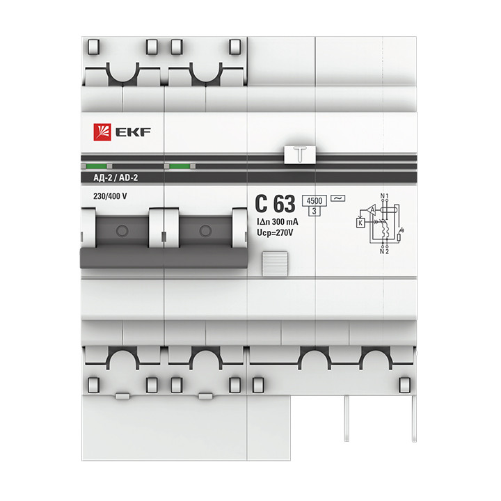 Дифференциальный автомат АД-2 63А/300мА (хар. C, AC, электронный, защита 270В) 4,5кА EKF PROxima - фото 3 - id-p75263692