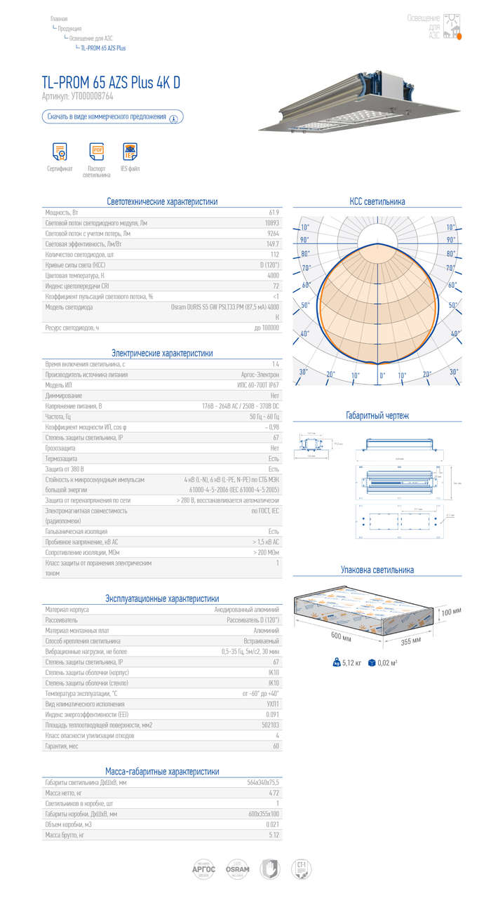 Светильники для АЗС 65 Вт TL-PROM 65 AZS Plus 4K D - фото 3 - id-p75401832