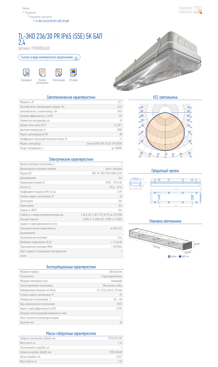 Аварийный светильник 30 Ватт TL-ЭКО 236/30 PR IP65 (S5E) 5K БАП 2,4 - фото 3 - id-p75475474