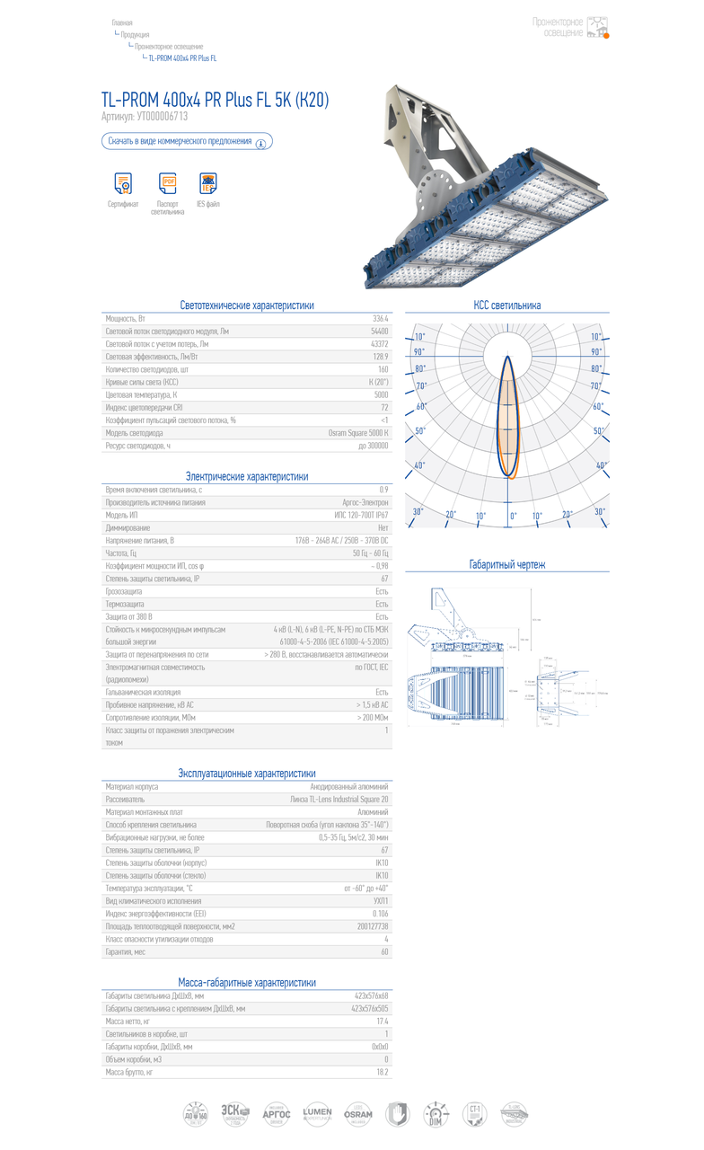 Прожекторный светильник 400 Ватт TL-PROM 400х4 PR Plus FL 5K (К20) - фото 3 - id-p75594970