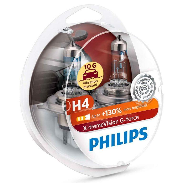 Галогеновые лампы Philips H4 X-tremeVision G-force +130% 10G виброустойчивые лампы (пласт. бокс) 2 шт.