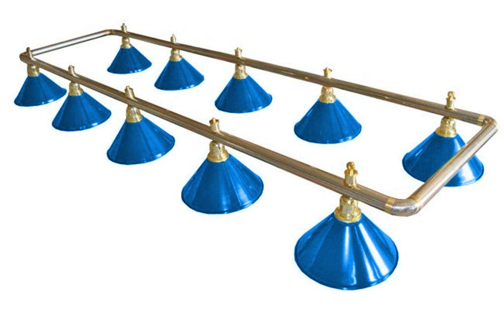 Лампа на десять плафонов «Blue Light» (серебристо-золотистая штанга, синий плафон D35см)
