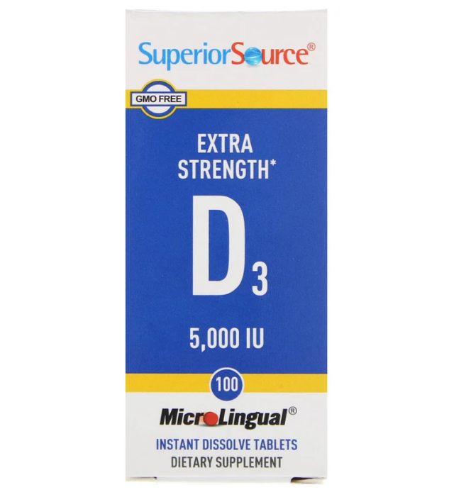 Superior Source, Витамин D3 Extra Strength, 5000 МЕ, 100 быстрорастворимых таблеток MicroLingual