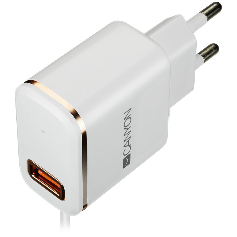 CANYON Universal 1xUSB AC charger (in wall) with over-voltage protection, plus lightning USB connect