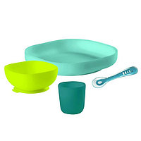 Набор посуды - 2 тарелки, стакан, ложка Beaba "SILICONE MEAL SET", 913428 / Green