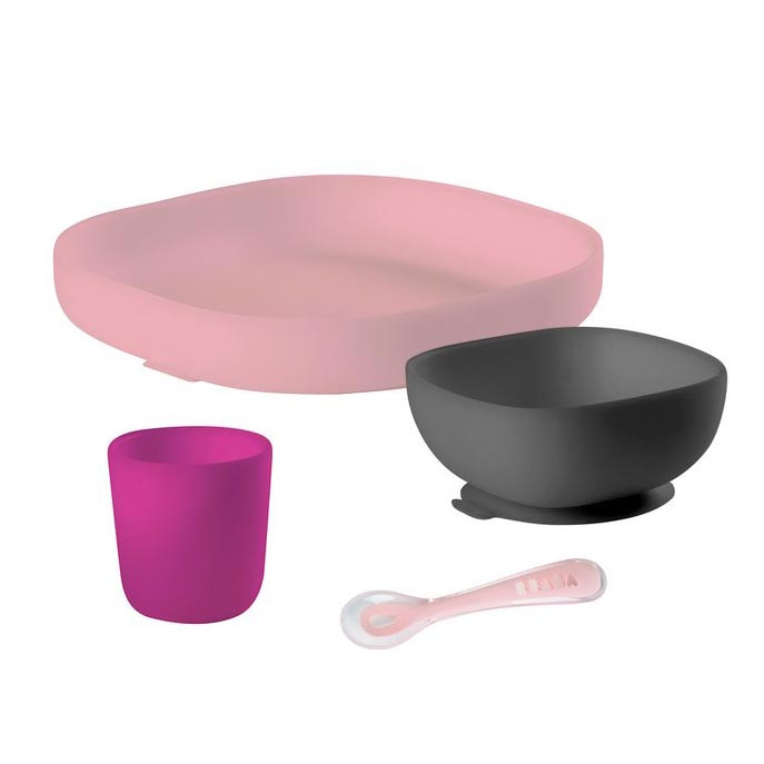 Набор посуды - 2 тарелки, стакан, ложка Beaba "SILICONE MEAL SET", 913429 / Pink - фото 1 - id-p75715020