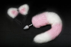 Анальная пробка с хвостом и ушками, L пробки 7.0 см, D 2.8 см, цвет розовый