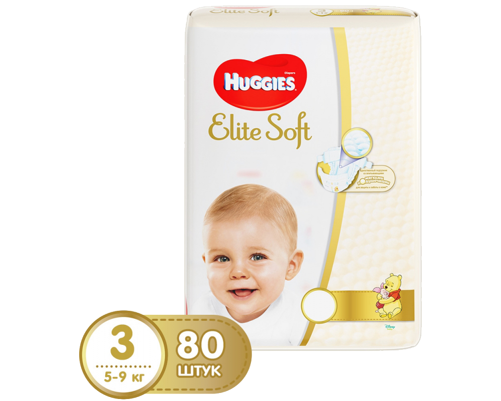 Подгузники Huggies Elite Soft 3 - на липучках 80 штук (5-9кг)