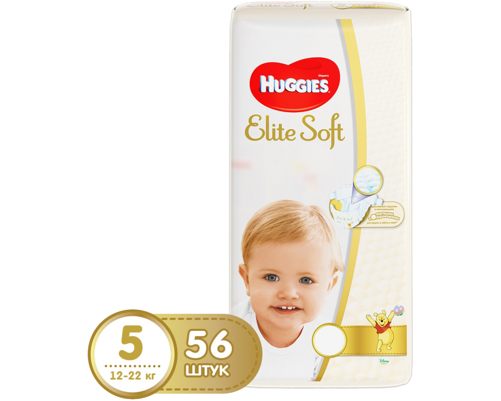 Подгузники Huggies Elite Soft 5 - на липучках 56 штук (12-22кг)