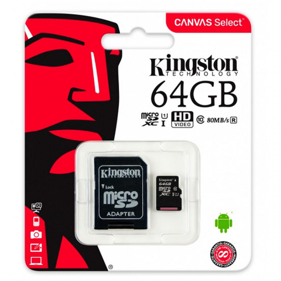 Карта памяти MicroSD 64GB Class 10 U1 Kingston SDCS/64GB