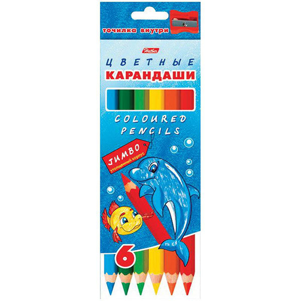 Карандаши Jumbo, 6 цветов Hatber МОРСКАЯ СЕМЕЙКА,упаковка/европодвес заточ.+точилка