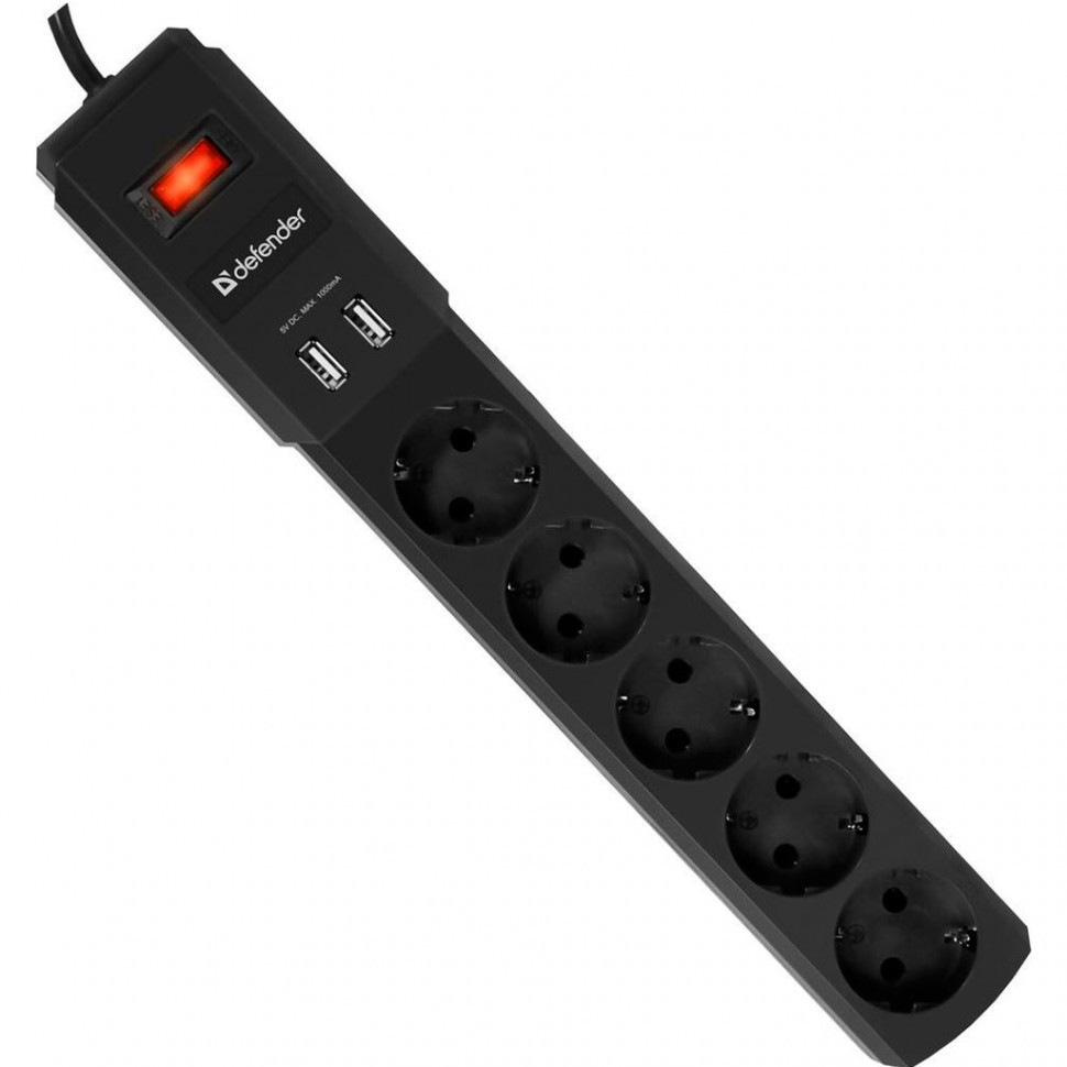 Сетевой фильтр Defender DFS 451 - 1,8 М, 5 розеток, черный, + 2 USB ПОРТА