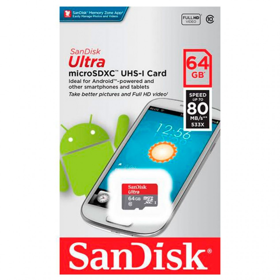 Карта памяти MicroSD 64GB Class 10 U1 SanDisk SDSQUNS-064G-GN3MN