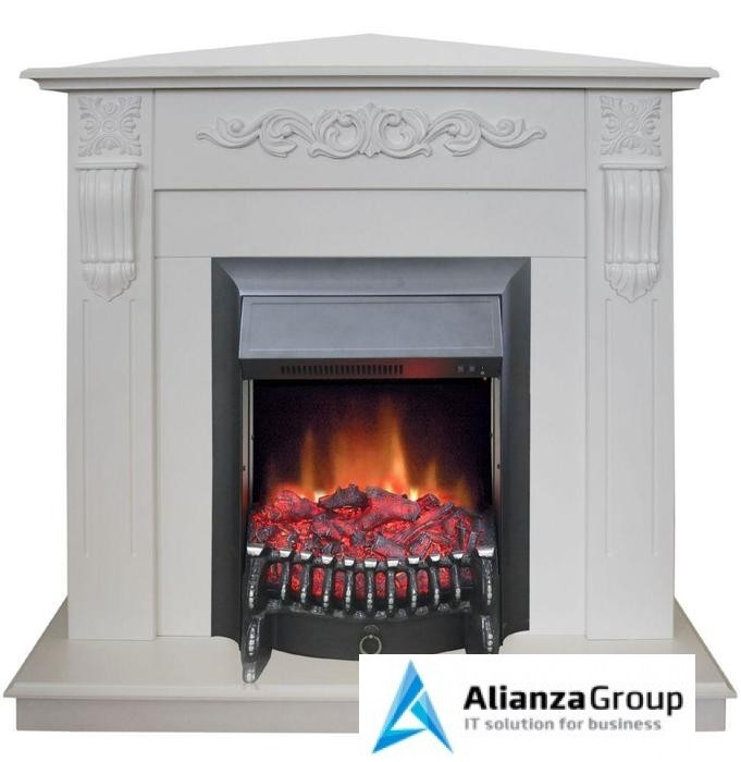 Угловой электрокамин с эффектом живого огня Real-Flame Dominica Corner STD/EUG WT с очагом Fobos s Lux BL/BR, Majestic s Lux BL/BR